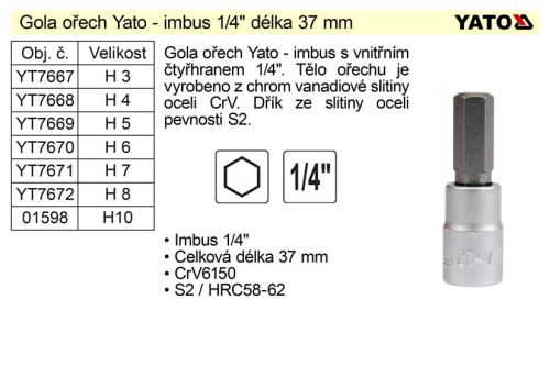 YATO Gola ořech imbus H 8 pro 1/4", krátký