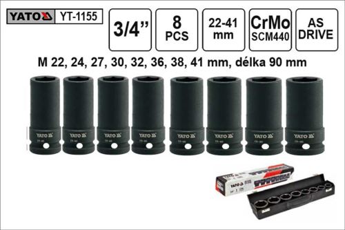 YATO Gola ořechy šestihranné kované prodloužené 3/4" sada 8 kusů 22-41mm