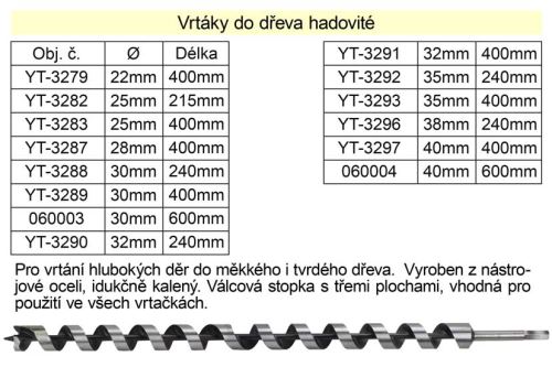 YATO YT-3297 Vrták do dřeva hadovitý průměru 40 mm, délky 240 mm