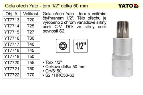 YATO Gola ořech torx T 25 pro 1/2", krátký