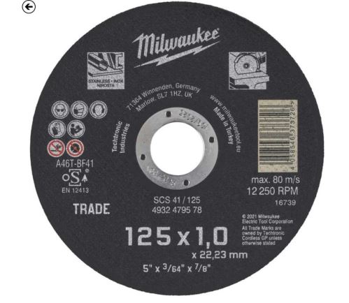 MILWAUKEE 4932479578 řezný kotouč na kov  125x1,0x22,2mm ocel + nerez