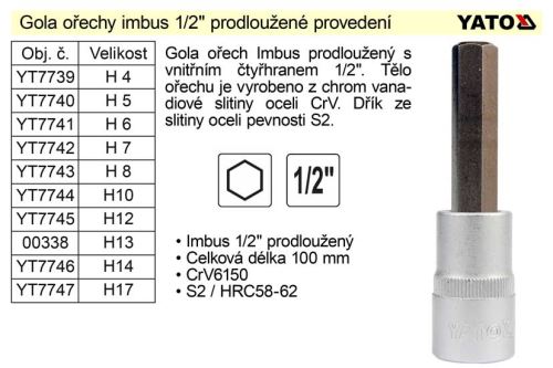 YATO Gola ořech imbus H 8 pro 1/2", prodloužený