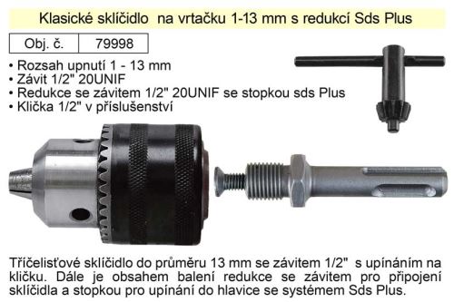 EXTOL CRAFT Sklíčidlo na vrtačku klasické 1-13 mm s redukcí Sds Plus MA79998