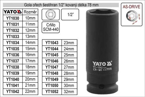 YATO Gola ořech šestihran 1/2" kovaný prodloužený 14mm