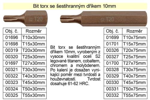 Bit torx  T15 se šestihranným dříkem 10mm délka 30mm