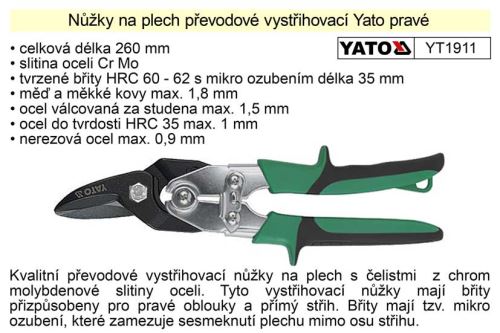 YATO Nůžky na plech převodové délky 260 mm, pravé