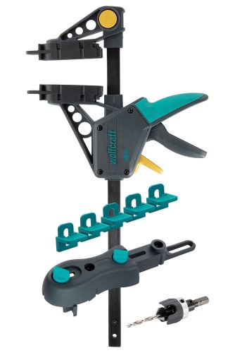 Wolfcraft SET TERASA – viditelné šrouby: svěrka, vrtací přípravek, vrták se záhlubníkem, 5 podložek 6988000