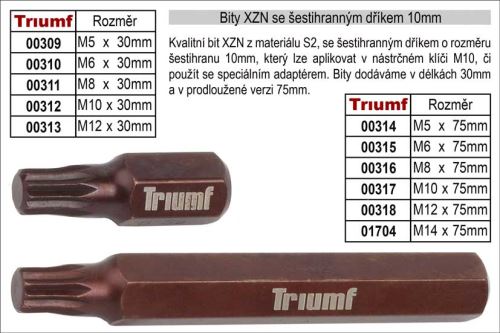 Bit XZN M10 se šestihranným dříkem 10mm, prodloužený délka 75mm