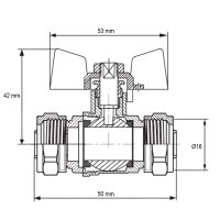 Kulový kohout se svěrným šroubením, motýl, červený, KR.353 Ø16×Ø16 (1)