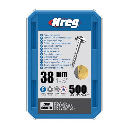 Kreg Zinc Maxi-Loc Šrouby pro skryté spoje - 38 mm, jemný závit, 500 ks