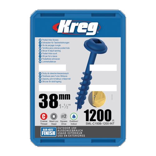 Kreg Blue-kote Maxi-Loc Šrouby pro skryté spoje - 38 mm, hrubý závit, 1200 ks