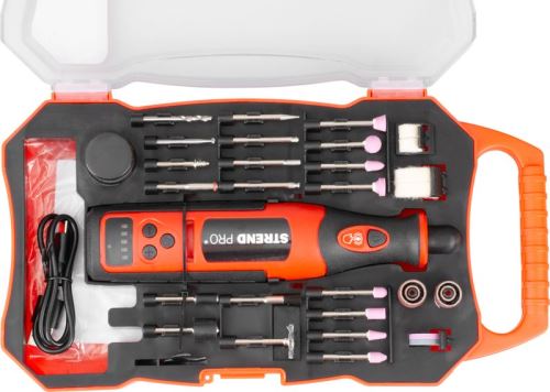 STREND PRO  Aku bruska přímá vysokoobrátková s příslušenstvím, 8V, 1500mAh, USB-C nabíjecí